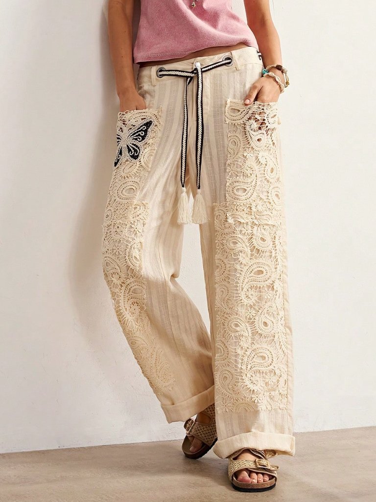Multicolor Casual Women's Boho Woven Contrast Lace Loose Wide Leg Long Pants